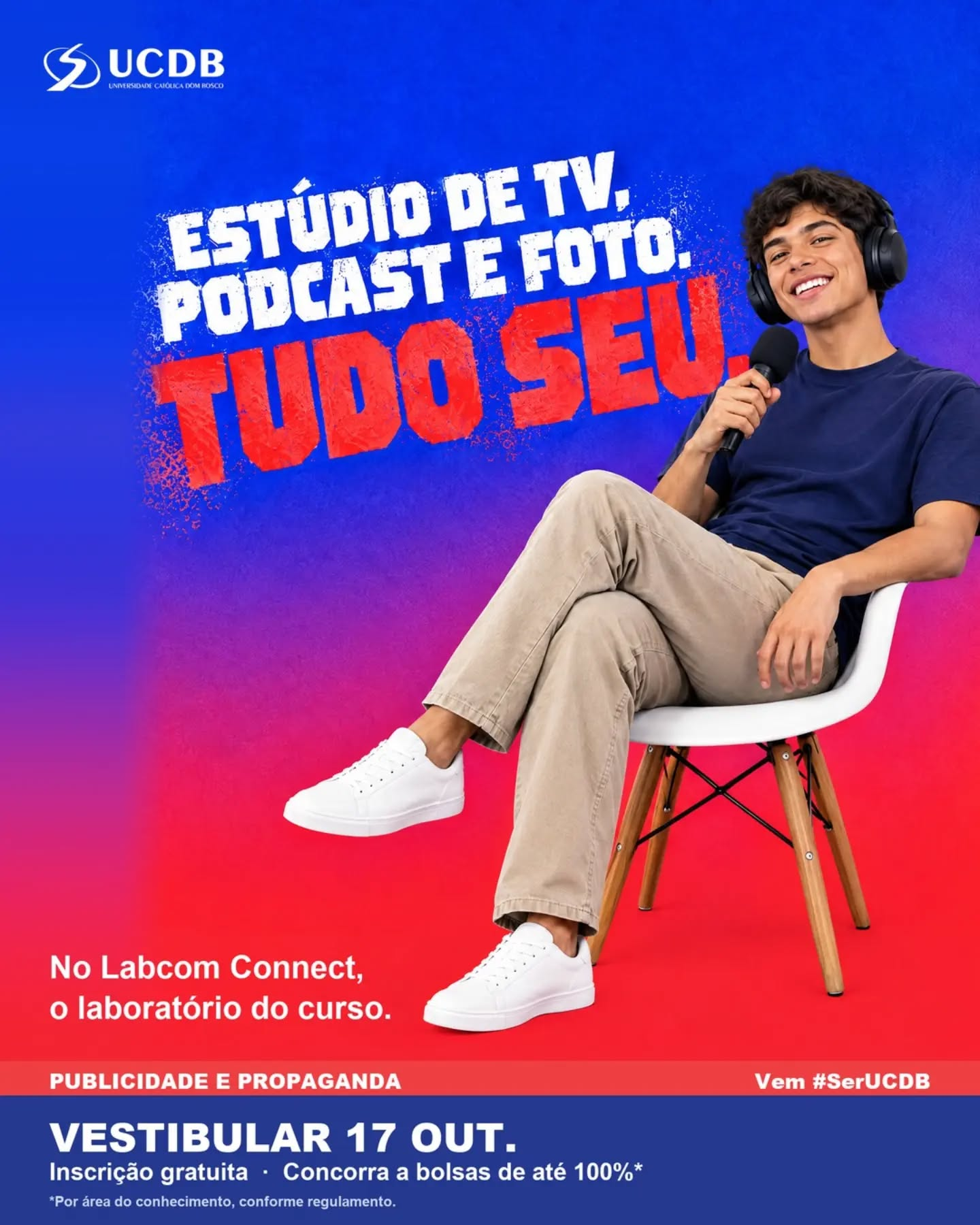 Estúdios de TV, rádio, podcast e fotografia. No Labcom Connect, tudo isso é ferramenta de aula para quem faz Publicidade e Propaganda na UCDB.
Vem usar. Vestibular dia 17/10, inscrição gratuita.
