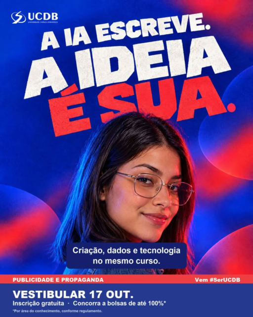 Ferramenta todo mundo tem. O que o mercado procura é quem sabe pensar a estratégia e dirigir a ferramenta. No curso de Publicidade da UCDB você aprende criação, dados e tecnologia juntos.
Vestibular dia 17/10, inscrição gratuita.